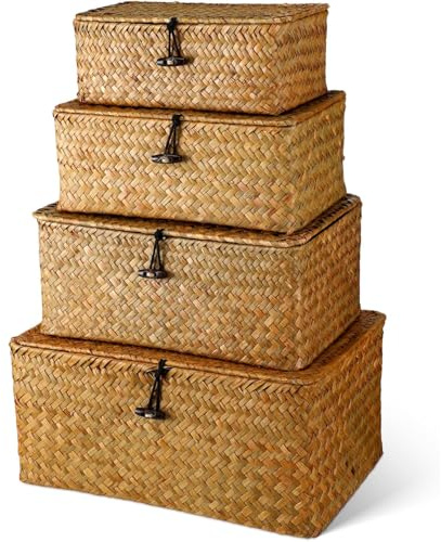 4 unidades de cesta de almacenamiento con tapa, cesta trenzada con tapa, TOOSOAR rectangular de ratán para organizar juguetes de aperitivos