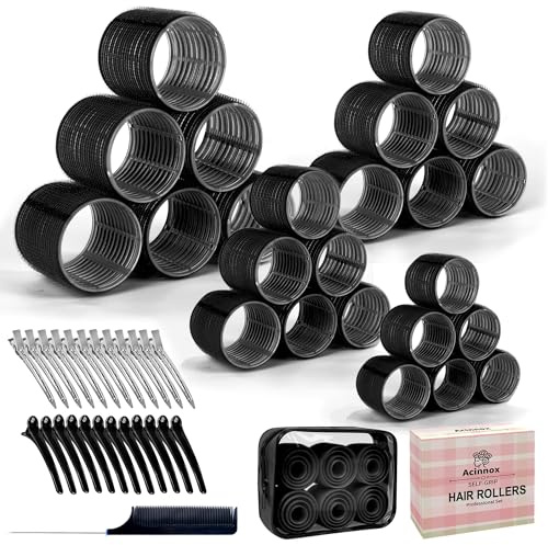 4 Sizes Self-Grip Hair Rollers Set with Clips - 4 Sizes for Long, Short Hair & Bangs (25mm, 36mm, 48mm, 60mm), (BLACK, 4 Sizes)