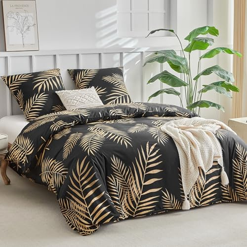 Lekesky, set di biancheria da letto, 220 x 240 cm, 3 pezzi, set di biancheria da letto 220 x 240 cm, copripiumino nero con motivo tropicale di foglie di palma dorate, microfibra con chiusura lampo, 2