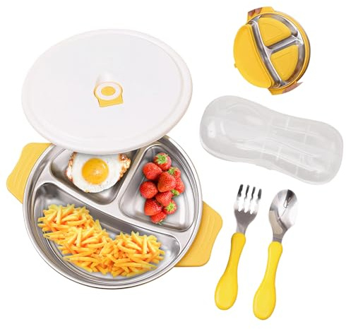 HAINLOGWANG Piatto in acciaio inox per bambini con ventosa, vassoio per cena con cucchiaio e forchetta, vassoio antiscivolo con tre scomparti e coperchio per pasti sani