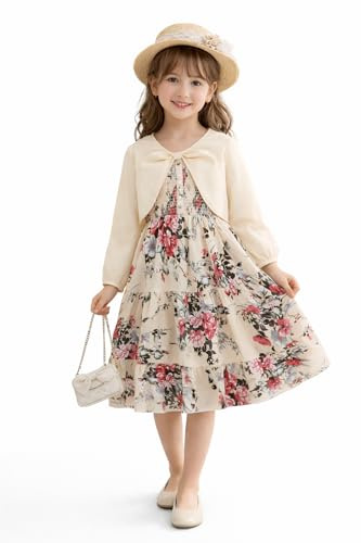 es-uk Girls Floral Dress with Matching Cardigan Set | Sleeveless Summer Dress Outfit for Kids | Casual Party Wedding Outfit - Ideal for Ages 7-12 Years (A - Cream, 9-10Y)