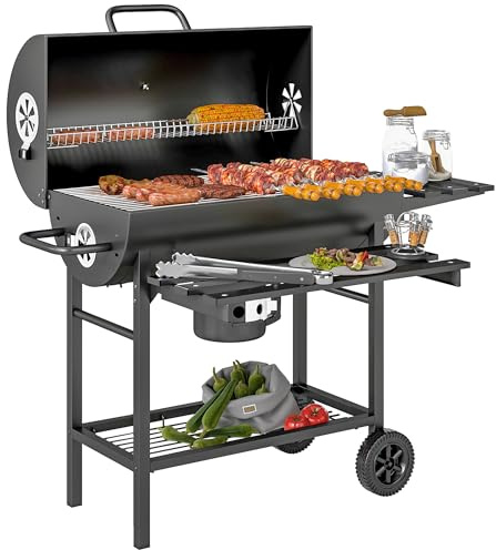 Outsunny Barbecue charbon de bois avec tablette avant pliable, grand barbecue au charbon de bois avec tablette inférieure, grille de cuisson, couvercle avec thermomètre et 2 roues, noir