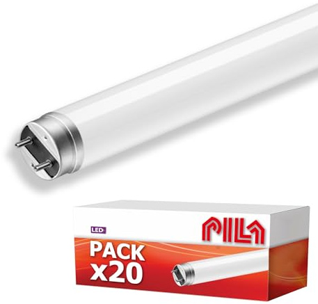 PILA Pack de 20 Tubos LED T8, 1.2m, 16W (= fluorescente 36W), 1600 Lúmenes, No regulable, 230V o Balasto EM, CRI80, Luz Blanca Neutra (4000K), Casquillo G13, 20.000 h Vida Útil