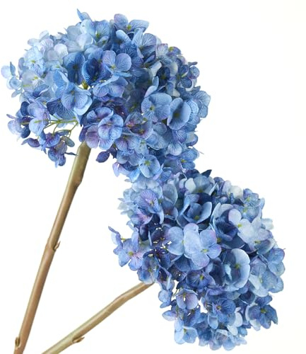 MOBENOOK Hydrangea Artificial Flowers, Gradient Color 2PCS Large Faux Hydrangea Silk Bouquet with Stems, Real Touch Fake Hydrangeas for Party & Home Table Decoration (Blue)