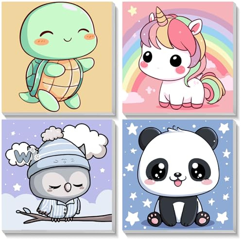 NEWENMO 4-pack Måla efter Nummer Djur med Ram, Sköldpadda Ponny Uggla Panda Mönster på Canvas, Måla efter Nummer-set, DIY Akryl-oljemålning för Hemdekoration 20x20cm