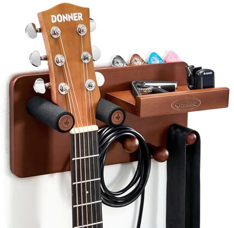 Donner Guitar Wall Mount Shelf with 3 Hooks and Pick Holder, Wood Guitar Hanger Rack for Acoustic, Electric, Bass, Ukulele, Banjo, Violin