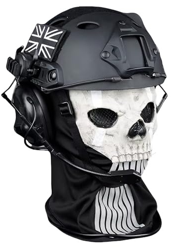 LZAQHMT Ensemble Casque Tactique Ghost Skull - avec Système Communication Intégré Au Casque, Équipement Chasse, Airsoft, Paintball Cosplay