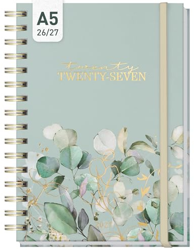 Häfft® Spiralbunden almanacka 2026–2027, A5-format Minty Leaves | 17-månaders spiralbunden almanacka, på engelska (+ IT/FR/ES), med veckoplanering från augusti 2026 till december 2027