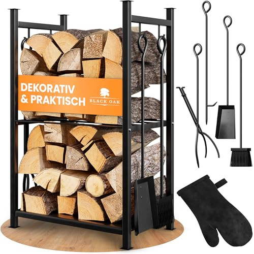 BLACK OAK Antero Support pour bois de cheminée avec gant en cuir – Étagère à bois de cheminée en acier noir 72 x 46 x 30 cm 5 pièces 2 niveaux Serviteur de cheminée 4 pièces balayette, pelle