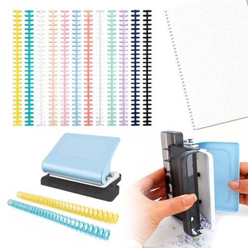 Kit de Máquina de Encuadernación Manual de 10 Agujeros Azul con 12 Anillos de Carpeta de Plástico Multicolor (12mm) - Encuadernadora para Planificadores, Agendas, A4/B5/A5