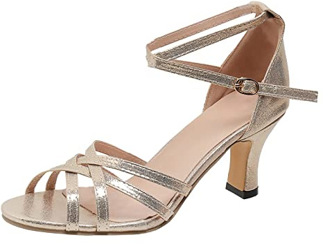 Sandalias de tacón para mujer con tiras y tacón medio, elegantes zapatos de noche metálicos, cómodos, con hebilla de tobillo, calzado de corte para fiesta, boda, invitada, Gold, 40 EU