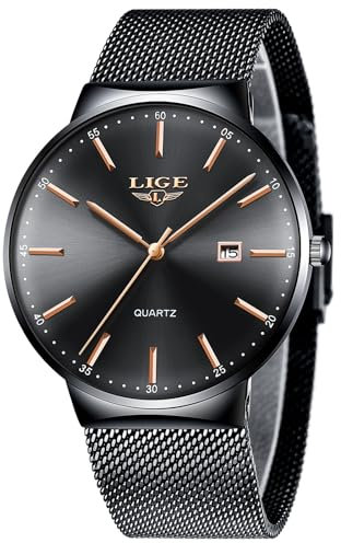 LIGE Uhren Herren Ultra Dünne, Herrenuhr Analoge Quarz, Roségoldzeiger mit Kalender, Gitterband aus Edelstahl, 3ATM Wasserdicht, Mode Freizeit Outdoor Business, Luxus Armbanduhr Herren