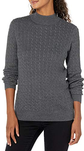 Amazon Essentials Women's Classic-Fit Lightweight Cable Knit Long-Sleeve Mock Neck Sweater, Charcoal Heather, Medium