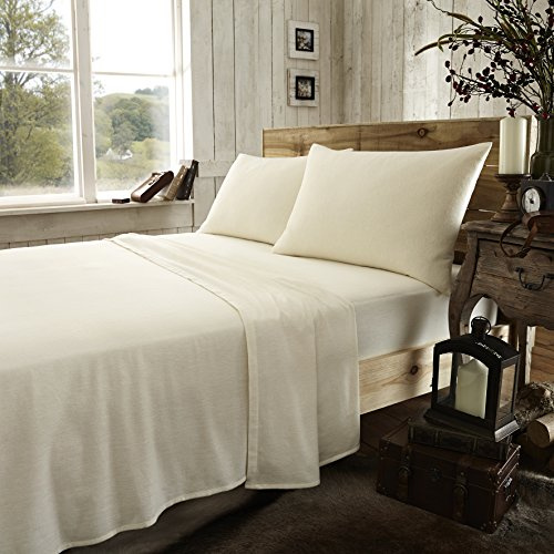 Luxury Super Soft Plain Dyed Flannel Sheet Set, Fitted Bedsheet and Flat Bedcloth with Matching Pillow Cases, 100% Brushed Cotton Easy Care Flannelette Bed Linen, Cream, Double Size Bedding