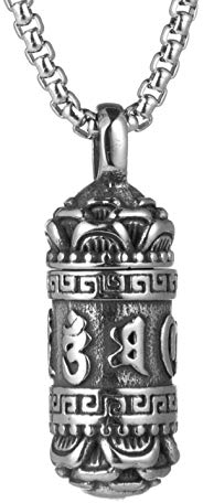 HZMAN Tibetan Buddhism Meditation Stainless Steel Pendant Commemorative Cremation Ashes Pill Cylinder Container Necklace 22+2 Inch Chain (cylindrical)