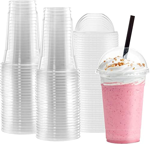 HOT BARGAINS Disposable Smoothie Cups with Dome Lids, Crystal Clear PET, 16oz/470ml, Pack of 100