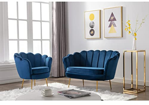 Vente-unique - Canapé 2 Places et Fauteuil Coquillage en Velours Bleu Nuit Dandelion