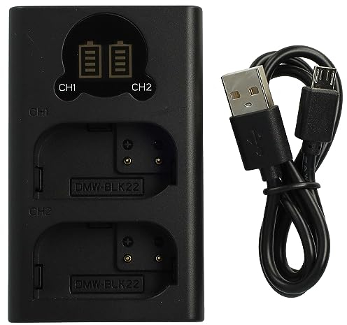 vhbw Dual Ladegerät kompatibel mit Panasonic Lumix DC-S5 IIX, DC-S5 II, DC-S5K Kamera/Akku - Ladeschale + Micro-USB-Kabel mit Display, 8,4 V