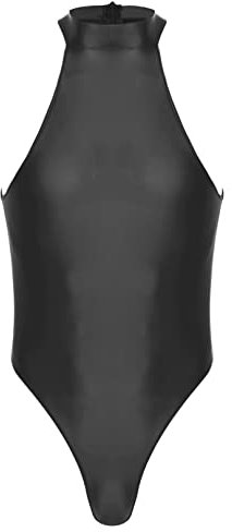 Agoky Herren ÖL Glanz Body Bodysuit Einteiler Kurz mit Reissverschluss Overall Slim Fit Männerbody Neckholder Unterhemd String Tanga Unterwäsche Schwarz XL