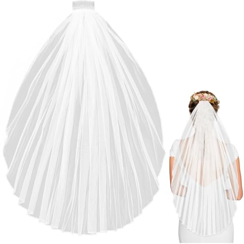 Telooco Hochzeit Brautschleier Weiß Lang Schleier mit Haarkamm Einlagig Braut Hochzeitskleid Kurzer Tüll Fingerspitzen Schleier Braut Hochzeitszubehör Traditioneller Schleier (77 x 160 cm)