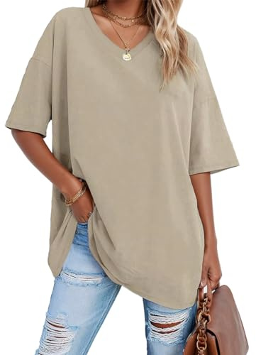 Zhiaek T-Shirts à Manches Courtes Femme Col en V Casual Tee Shirt Femme Coton de Base D'été Lâches Hauts Décontractés Classique
