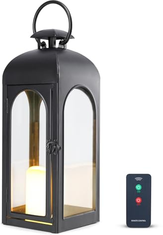 Bdor 16 Inches Metal and Stainless Steel Glass Decorative Lantern with Electronic Wax Effect - Indoor/Outdoor Decorative Lighting, Handcrafted Aesthetic, Perfect for Home, Parties, and Holiday Decor