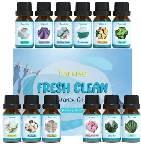 SALKING Faire le ménage Huiles Essentielles, 12x10ML citronnelle, coton frais, linge frais, savon à la cerise, air pur, aloe vera, talc, champ de lavande, lessive à la sauge de plage, linge frais etc.