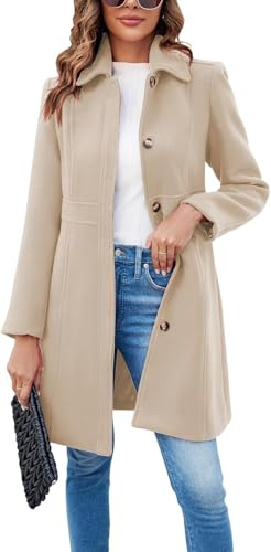 Suncadmious Elegante Cappotto Monopetto da Donna Manica Lunga metà Inverno Soprabito da Lavoro Cappotti da pisello da Ufficio (Beige,L)