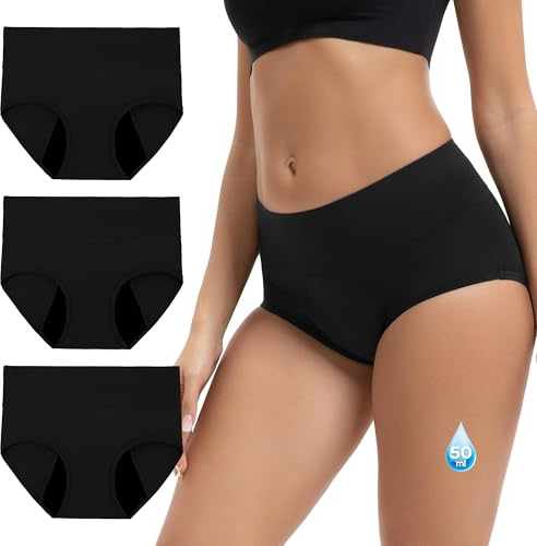 INNERSY Mutande Ciclo Mestruale Donna Flusso Abbondante Vita Alta bambù Slip Mestruali Pacco da 3 (XL, 3 Nero)