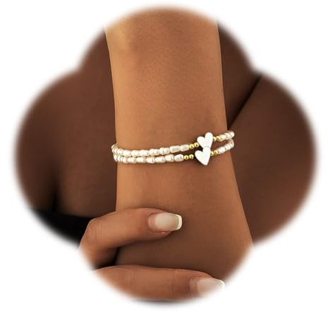 SULIUDAJI 2 Pièces Bracelet Perles Blanches Pour Femmes, Bracelet De Perles, Avec Perles D'Espacement En Forme De Cœur, Bracelet Réglable En Plaqué Or, Pour Femmes Anniversaire, Saint Valentin