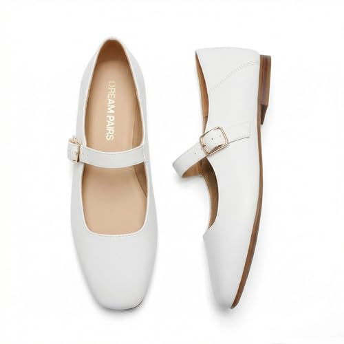 DREAM PAIRS Women's Flats Square Toe Mary Jane Flats Comfortable Casual Slip On Dress Shoes Ballet Flats with Buckle Strap Business Casual Work Office Mary Jane Shoes,Size 7,White,DWUMFA2520