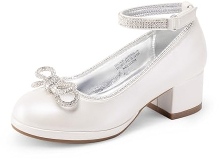 DREAM PAIRS Girls Chunky Heel Pumps | Platform Added Height, Block Heel Stable Base, Glitter Upper Shine, Rhinestone Bow Sparkle