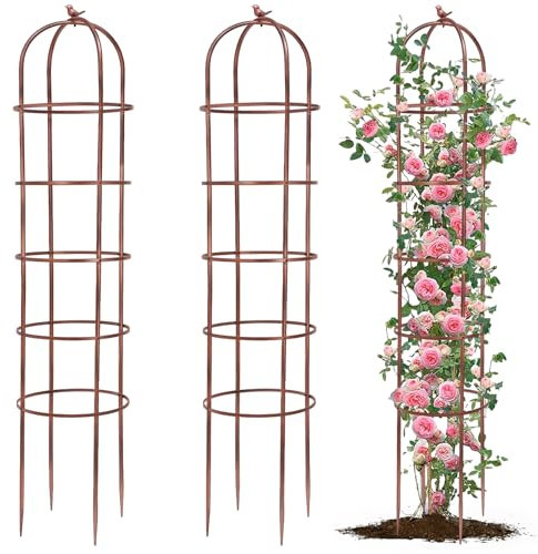 HEYTIMI 1 Pack 7Ft Heavy Duty Metal Garden Obelisk Trellis for Climbing Plants, Rust-Resistant Steel Vine Support Bird Finial for Rose Clematis, Potted Flowers Stand Indoor Outdoor Decor (Rose Gold)