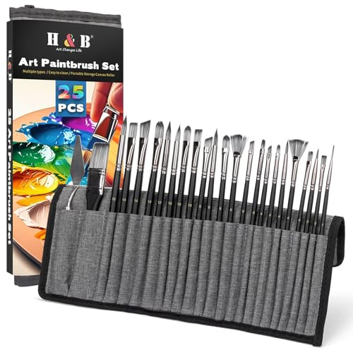 H&B 25pcs Professional Paint Brush Set with Canvas Roll for Art Sketching | Synthetic Hair & Black Birchwood, Copper Ferrule, Smooth Paint Flow, Ideal for Blending/Layering/Detailing for Pro Artists