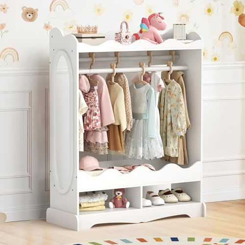 LUE BONA Kinderkleiderschrank, Kindergarderobe mit Spiegel und Kleiderstange, Kinder Kleiderschrank aus Holz mit 3 Haken, Kleiderschrank Kinderzimmer mit Ablage, für Kinderzimmer, 85x108x34 cm, Weiß