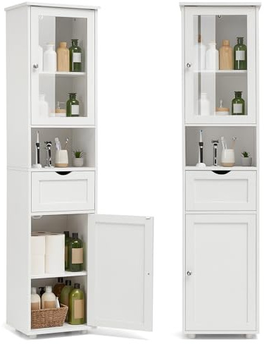 HOKEEPER Hochschrank Badezimmer Weiß – Badschrank Schmal mit 2 Türen & Offenen Fächern – Freistehendes Badezimmerregal & Küchenschrank – Platzsparender Aufbewahrungsschrank für Bad & Wohnzimmer