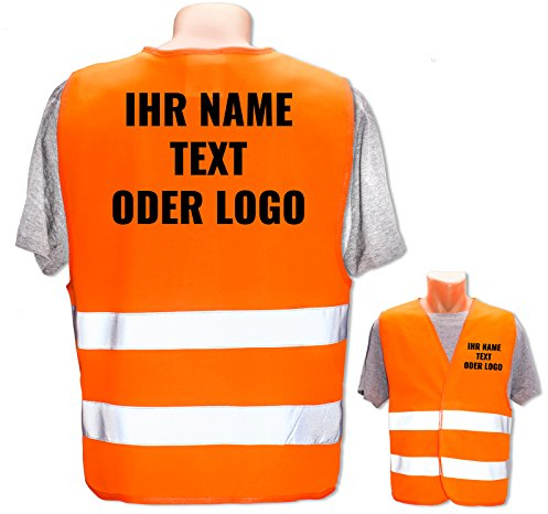 Warnweste selbst gestalten mit eigenem Aufdruck * Bedruckt mit Name Text Bild Logo Firma, Position & Druckart:Rücken + Front/Standard-Druck, Farbe & Größe:Orange/Größe M/L