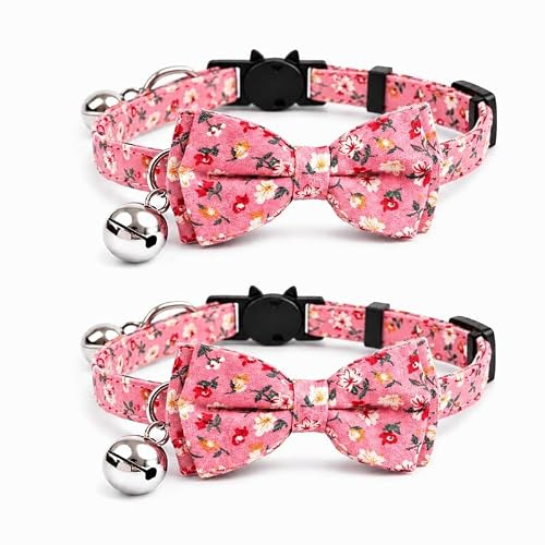 Fluga katthalsband med klocka | säkert snabbfrigörande brytspänne | ZACAL katthalsband (rosa blommor) - 2-pack