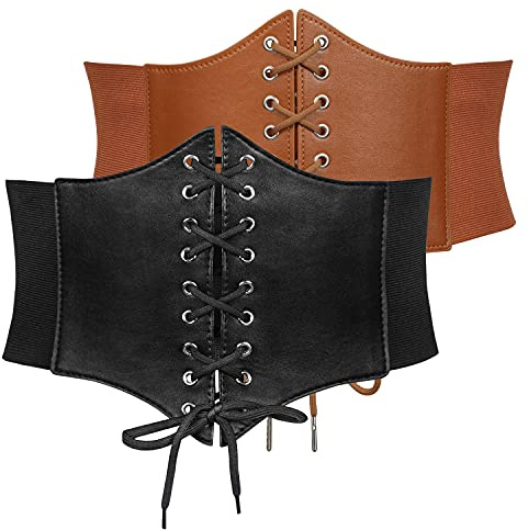 JASGOOD 2 Pack Women’s Elastic Costume Waist Belt Lace-up Tied Waspie Halloween Corset Belts for Women