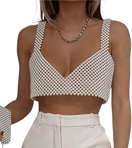 FeMereina Top corto sexy con cuentas y perlas brillantes, tirantes delgados, top de tubo punk gótico, brasier para club, rave, fiesta, danza del vientre, Blanco Estilo B, Altoa única