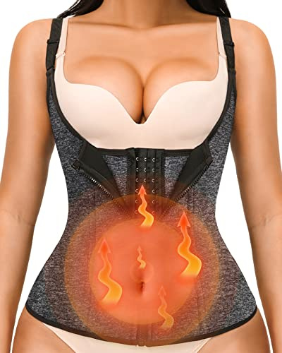 YADIFEN Waist Trainer Vest for Women,Zipper Corset Body Shaper for Tummy Control Neoprene Cincher Tank Top with Straps (Grey-Fixed shoulder straps, S)