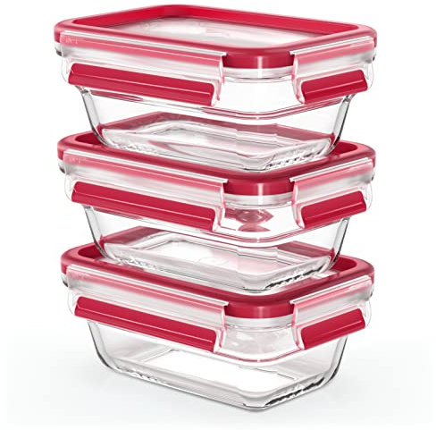 Tefal Masterseal Fresh Glas,Set 3 Dosen,rechteckig,0,45 l,zum Aufbewahren von Lebensmitteln,stapelbar,geeignet für Backofen und Gefrierschrank,transparent,N1051110,Durchsichtig,Set 3 boîtes 0,45L