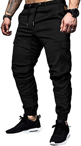 Elegancity Pantaloni Cargo Nero Uomo Pantaloni Chino da Uomo 6 Tasche Jogging Pants con Elastico in Vita XL