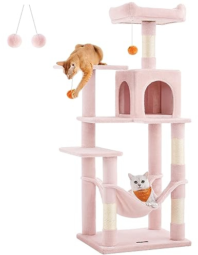 Feandrea Cat Tree Tower, 137.7 cm Multi-Level Plush Cat Condo | With 4 Scratching Posts, 2 Perches, Cave, Hammock, Pompoms, Jelly Pink, CLAWFY Collection PCT161P01