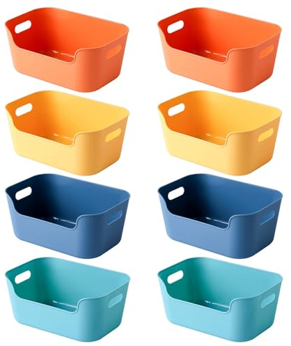 Bncxdc Plastic Storage Basket, 8PCS Stackable Storage Box, Plastic Organizer Storage Baskets for Kitchen, Rectangular Storage Basket for Cupboard, Office, Bathroom, Clothes (4 Colors, 15.5x10.5x6 cm)