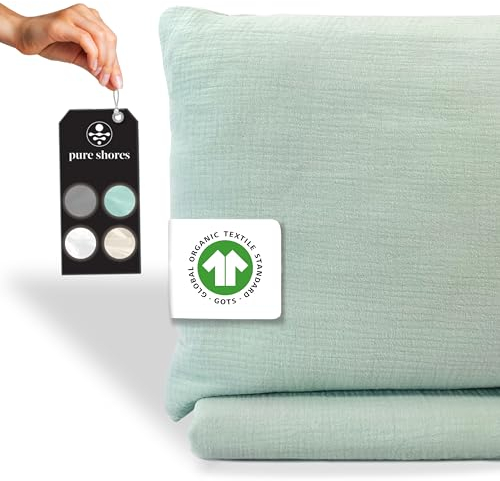 pure shores - Musselin Bettwäsche 135x200 | Bettwäsche 135x200 Baumwolle | Bettwäsche-Sets | 100% Bio mit GOTS | Reißverschluss | Bettwaren | Bedding Set | 1 Kissen 80x80 | Ozean-Grün