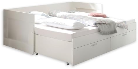 SALIAS Funktionsbett 90 x 200 cm mit ausziehbarer Liegefläche - Platzsparendes Jugendzimmer Einzelbett mit Bettkasten in Weiß - 205 x 68 x 97 cm (B/H/T)