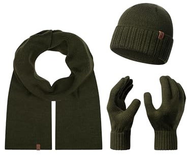 Rock Creek Winter Mütze mit Bommel Schal Set Geschenkset Wintermütze Winterschal Winterhandschuhe Herrenmütze Damenmütze U-104 Dunkelgrün Einheitsgröße