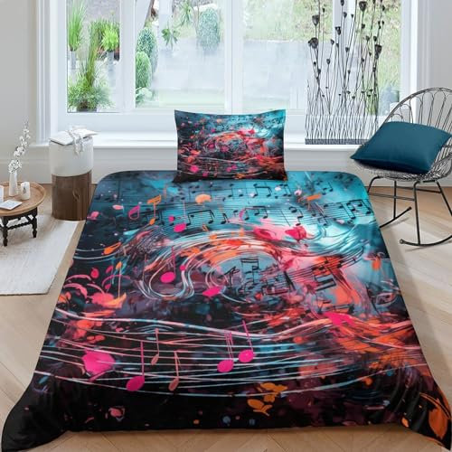 INTCHE Musik Bettwäsche Bettbezug Für 3D Microfaser Bettwäsche Set Kinder Erwachsene,Mit Reißverschluss Und Kissenbezug Single（135x200cm）