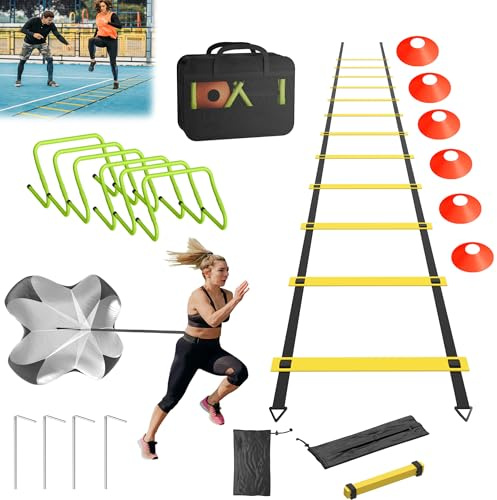 Suusolny Fußball Trainingsset Fussball Trainingszubehör Kinder Fußball Kick Trainer Enthält 6m Koordinationsleiter, 6 verstellbare Hürden, 12 Kegel, Schleppfallschirm & Aufbewahrungstasche